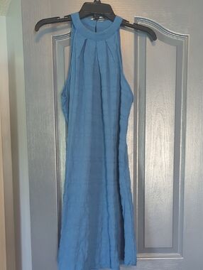 Sleeveless High-Neck Blue Textured Dress